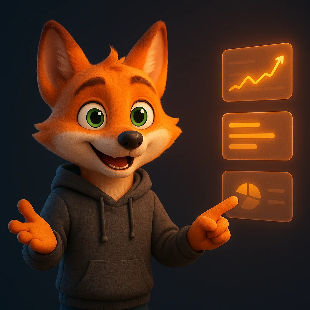 The FoxRadar fox mascot standing and pointing at floating status data cards, giving clear guidance.
