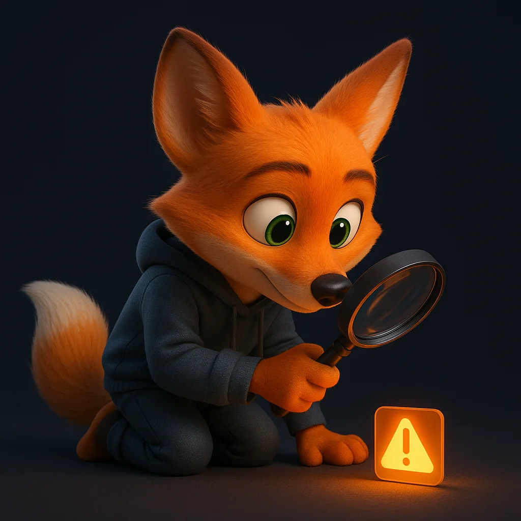 The FoxRadar fox mascot holding a magnifying glass and inspecting a glowing update card closely.