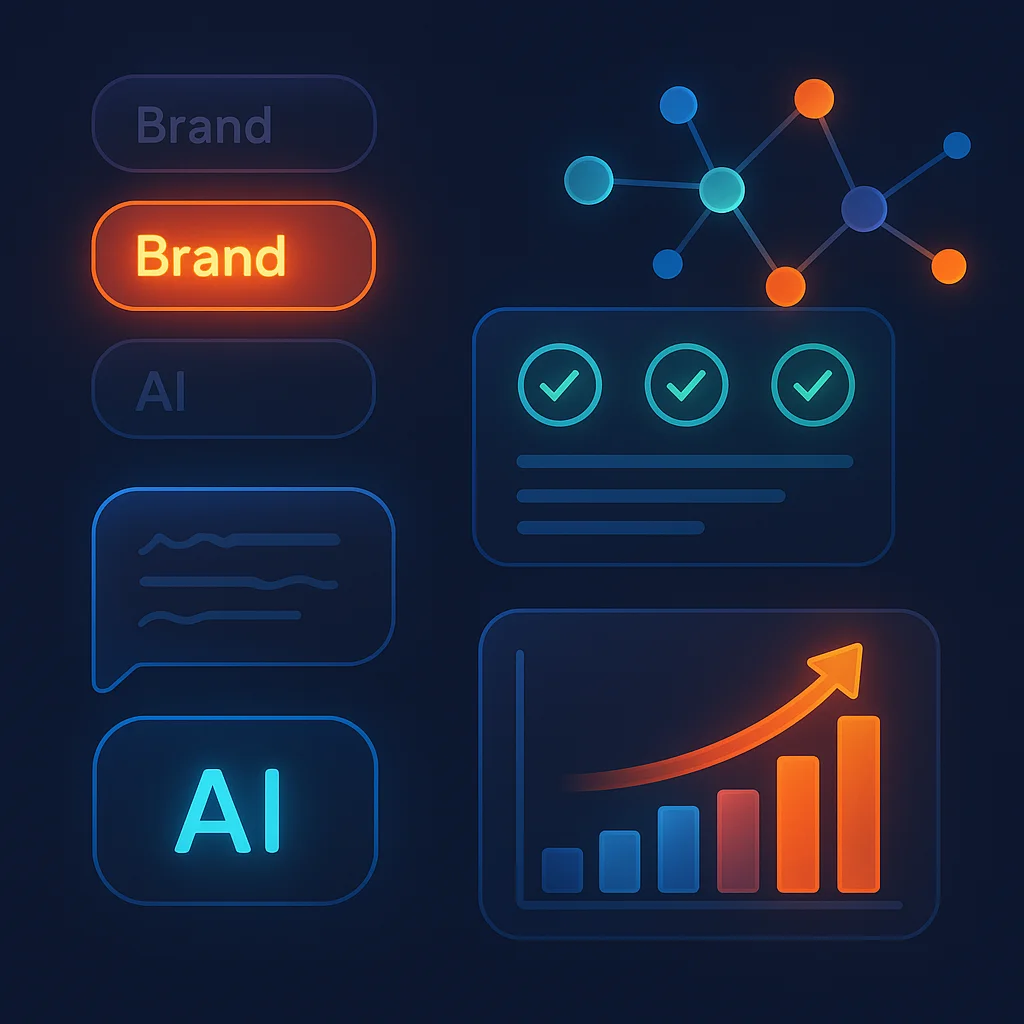 A clean concept illustration of a dashboard with bright visibility scores and recent update indicators.