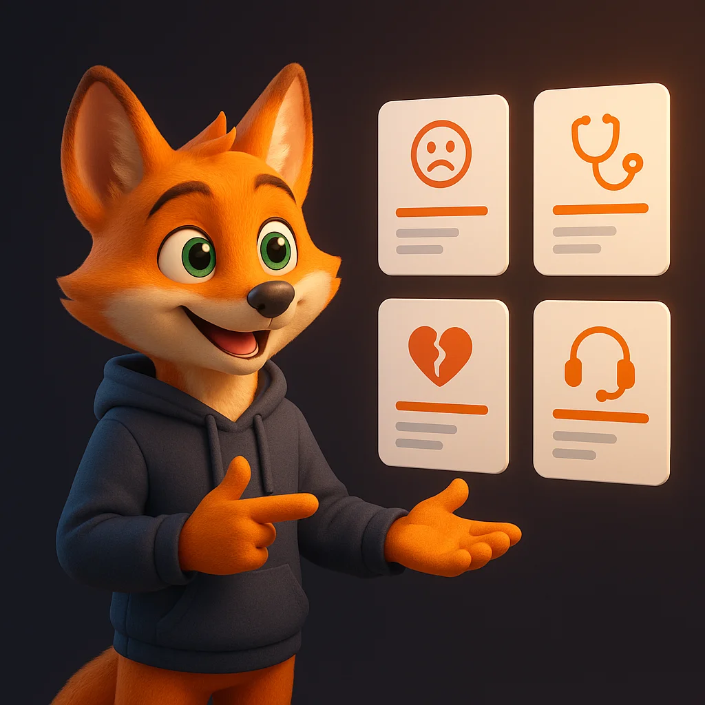 The FoxRadar fox mascot stands and points at floating data cards while explaining the plan.