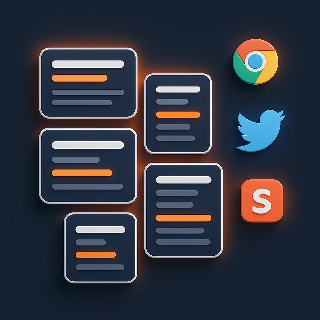 A clean concept illustration of glowing search result cards and brand icons on a dark background, without the fox.