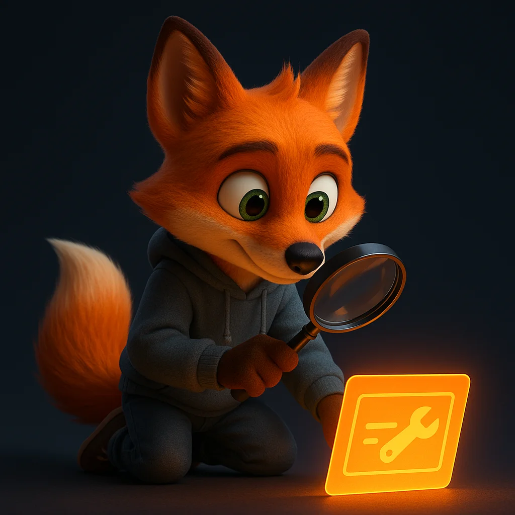 The FoxRadar fox mascot kneels and inspects a glowing card closely with a magnifying glass.