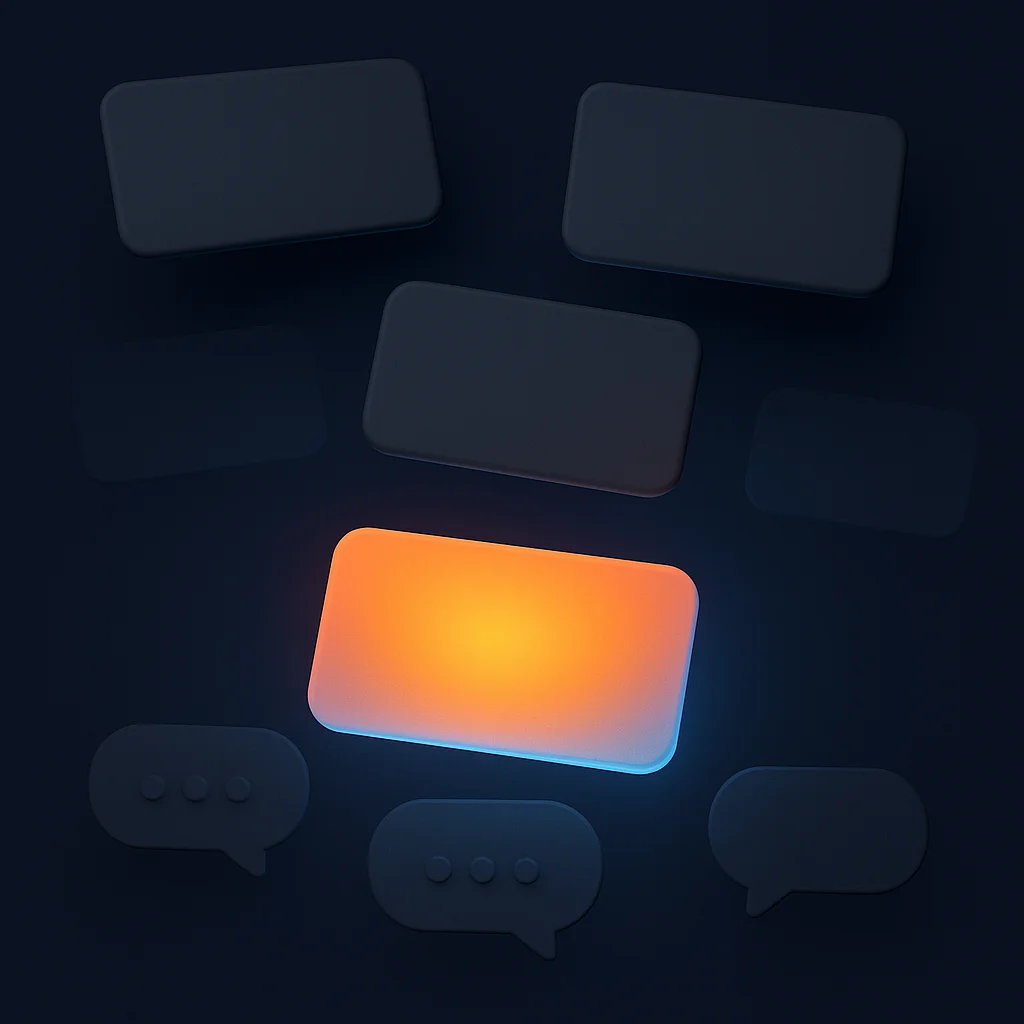 A clean concept illustration showing a bright brand card standing out among dim competitor cards, without the fox.