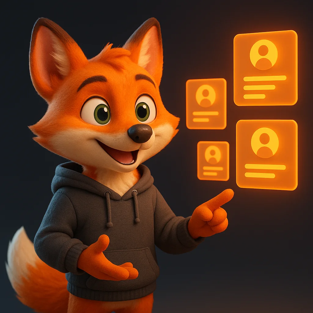 The FoxRadar fox mascot stands and points at floating data panels, explaining how team bios help AI.