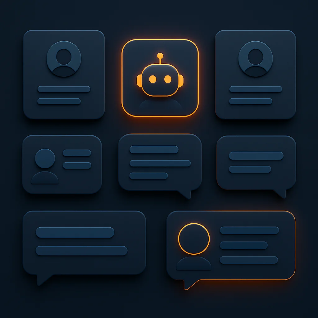 A clean concept illustration of glowing profile cards and brand info blocks on a dark background, no characters.