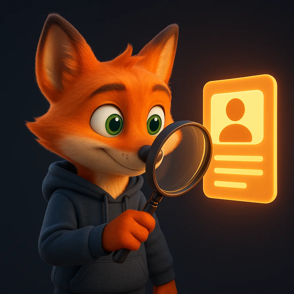 The FoxRadar fox mascot holds a large magnifying glass, inspecting a glowing bio card closely.