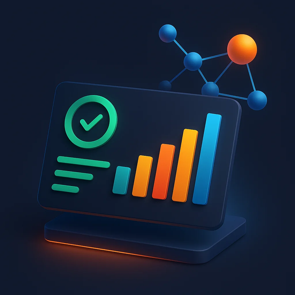 A clean concept illustration of a dashboard with visibility scores and rising charts on a dark background, no characters.