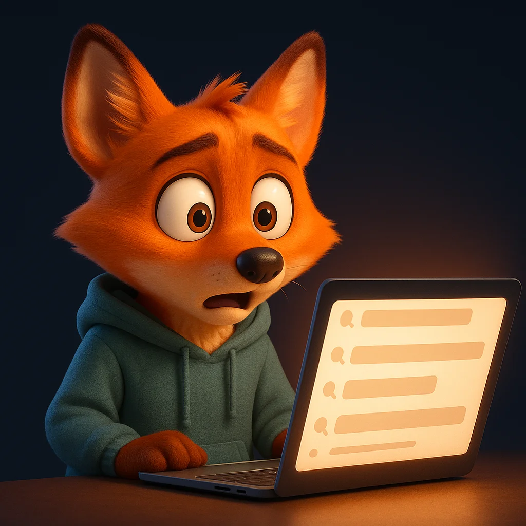 The FoxRadar fox mascot looking surprised at a laptop screen that shows a video and PDF not appearing in AI results