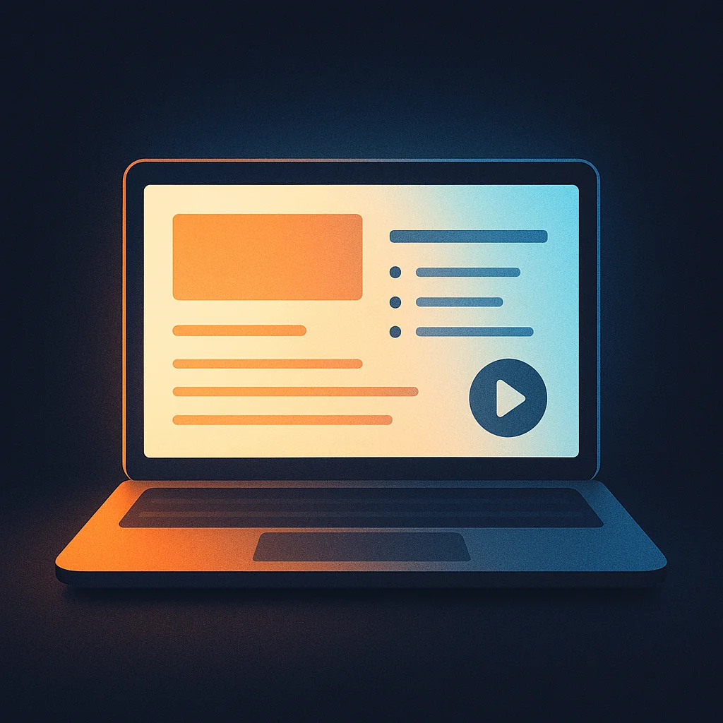 A clean concept illustration of a laptop screen with a simple summary page layout: a title block, bullet facts, and a play/download button