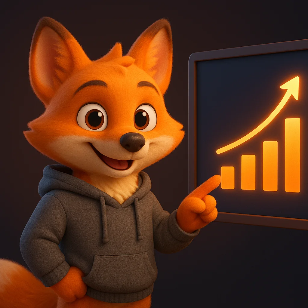 The FoxRadar fox mascot pointing at a rising visibility chart on a large screen