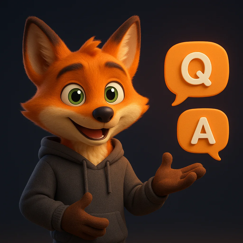 The FoxRadar fox mascot gesturing while explaining next to floating Q&A cards.