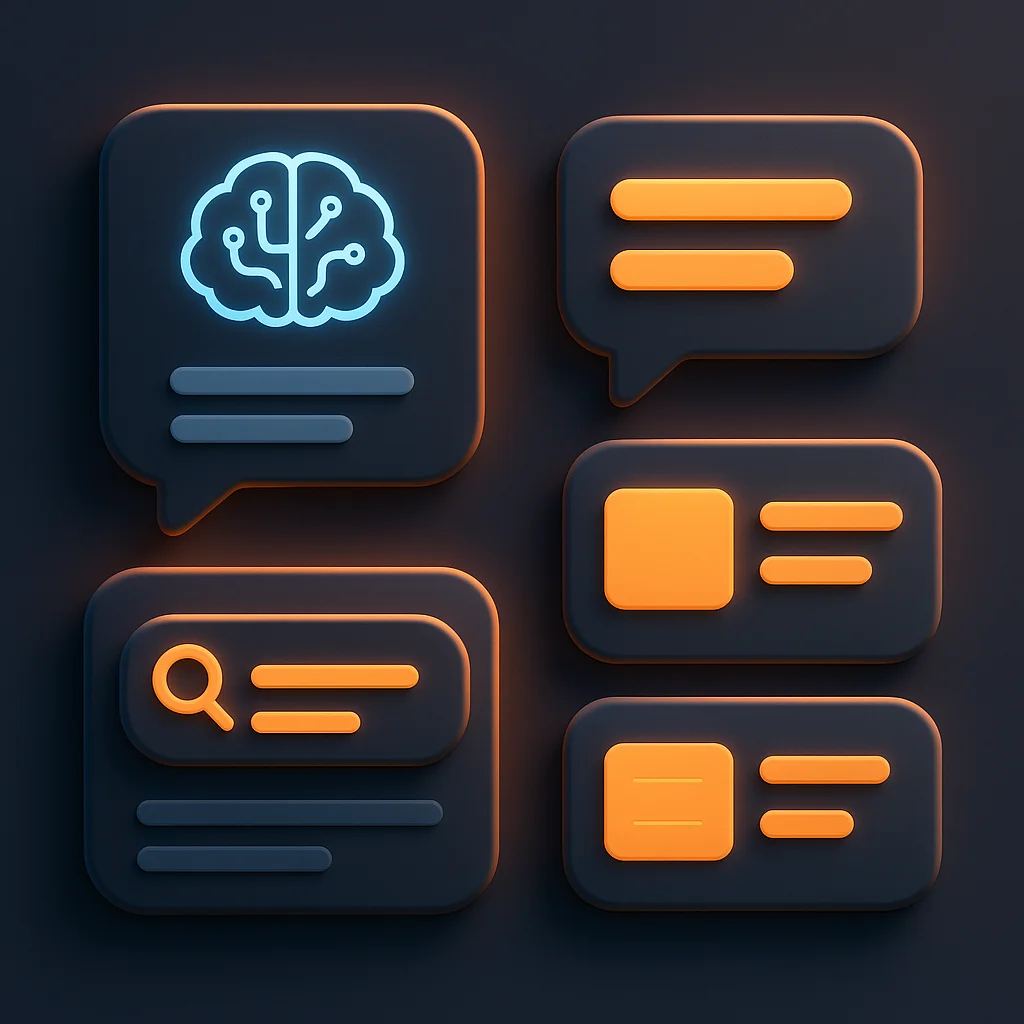 Glowing AI chat interface cards and abstract search results on a dark background, no characters.