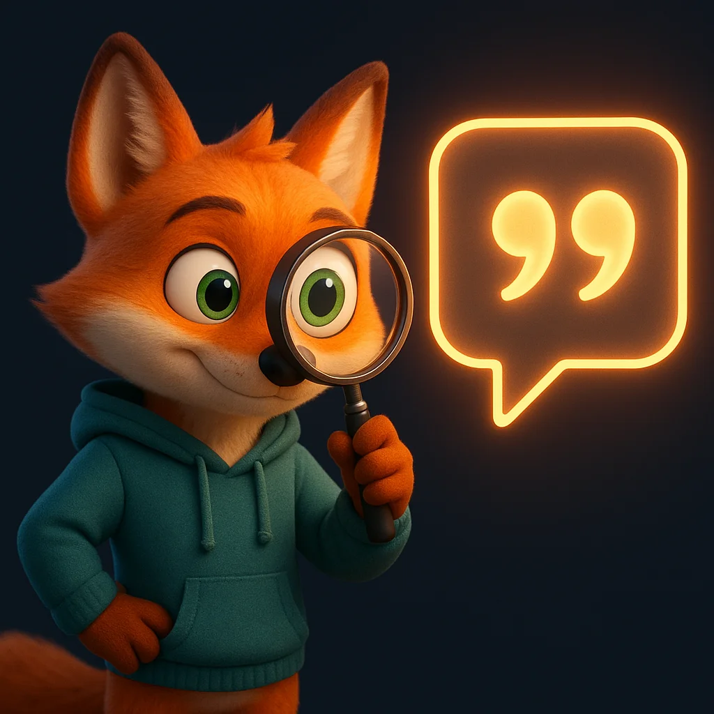 The FoxRadar fox mascot holding a magnifying glass to inspect a highlighted quote bubble.