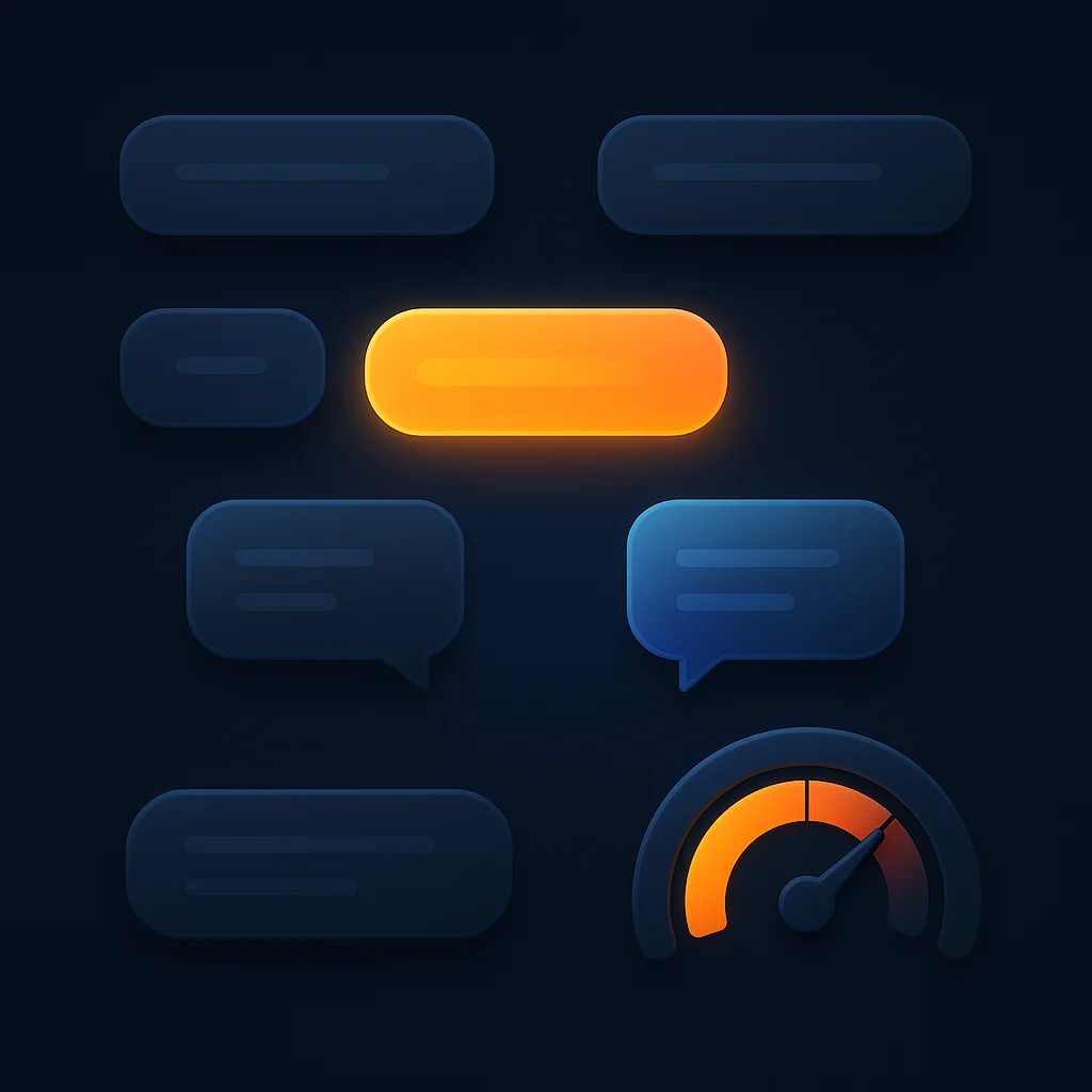 A clean dashboard concept with a brand name glowing above chat bubbles and visibility metrics, no characters.