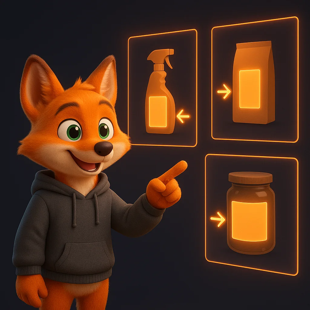 The FoxRadar fox mascot pointing at floating label diagrams to show where to find model and serial numbers.
