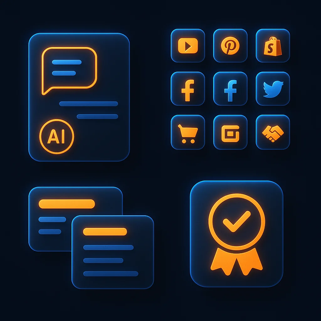 A dark, clean concept illustration of glowing search result cards and product label icons without any characters.