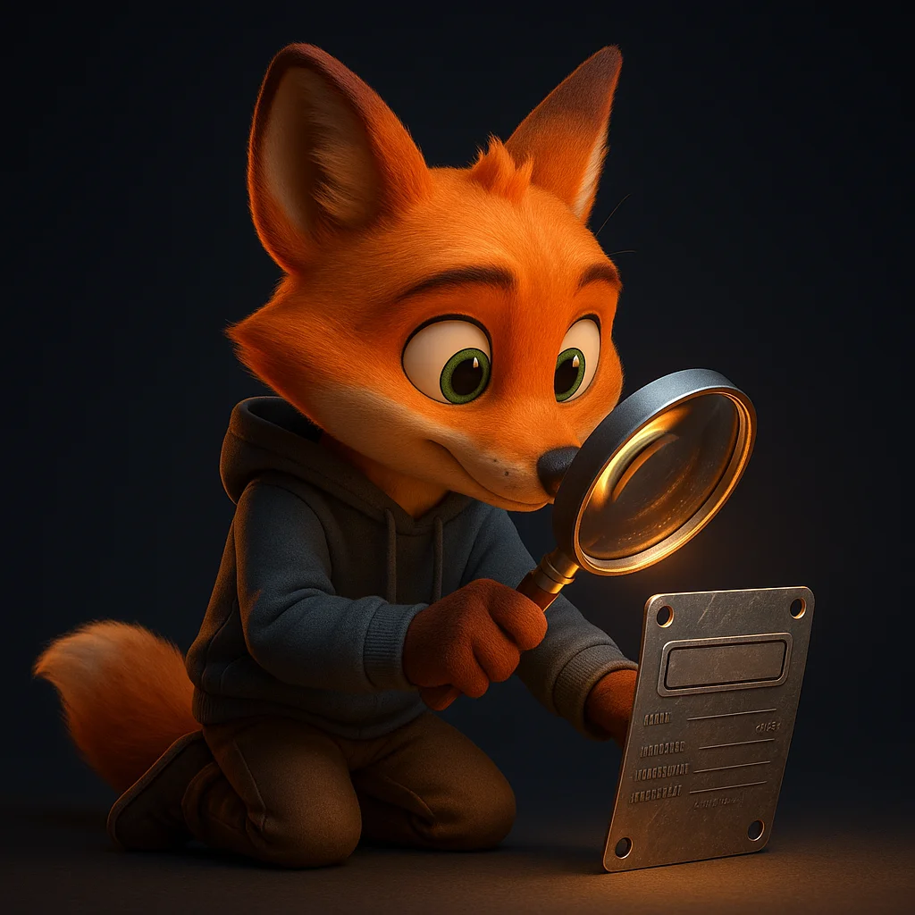 The FoxRadar fox mascot kneeling and inspecting a product label closely with a magnifying glass.
