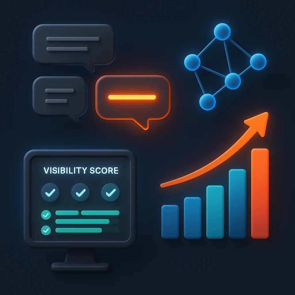 A clean concept illustration of a glowing dashboard showing improved AI visibility scores without any characters.