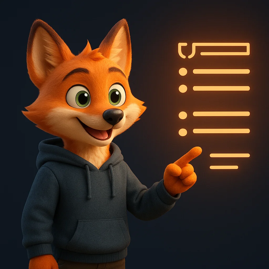 The FoxRadar fox mascot stands and points at floating quote items and scope bullets in the air.