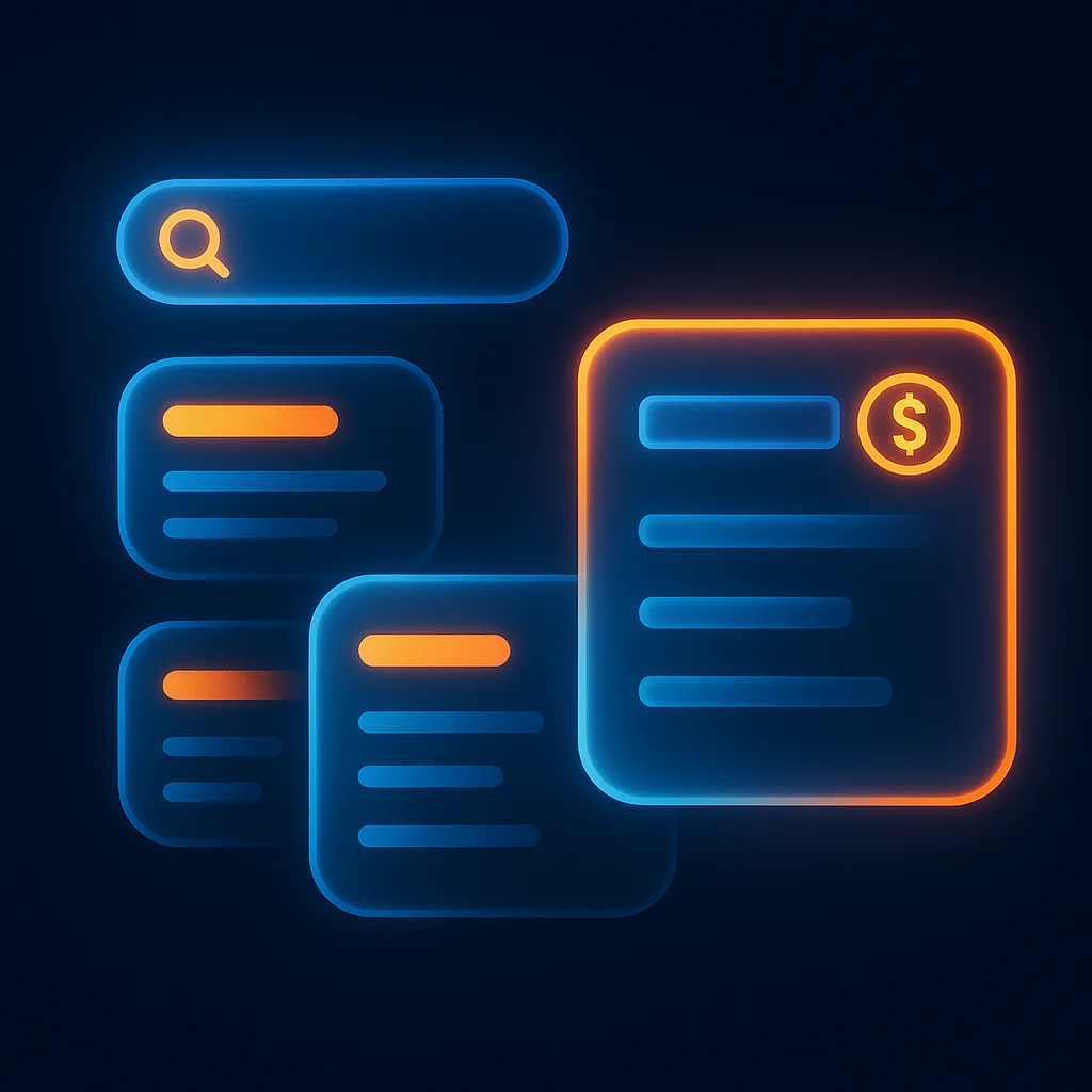 A concept illustration of glowing quote cards and sliders on a dark background, no fox shown.
