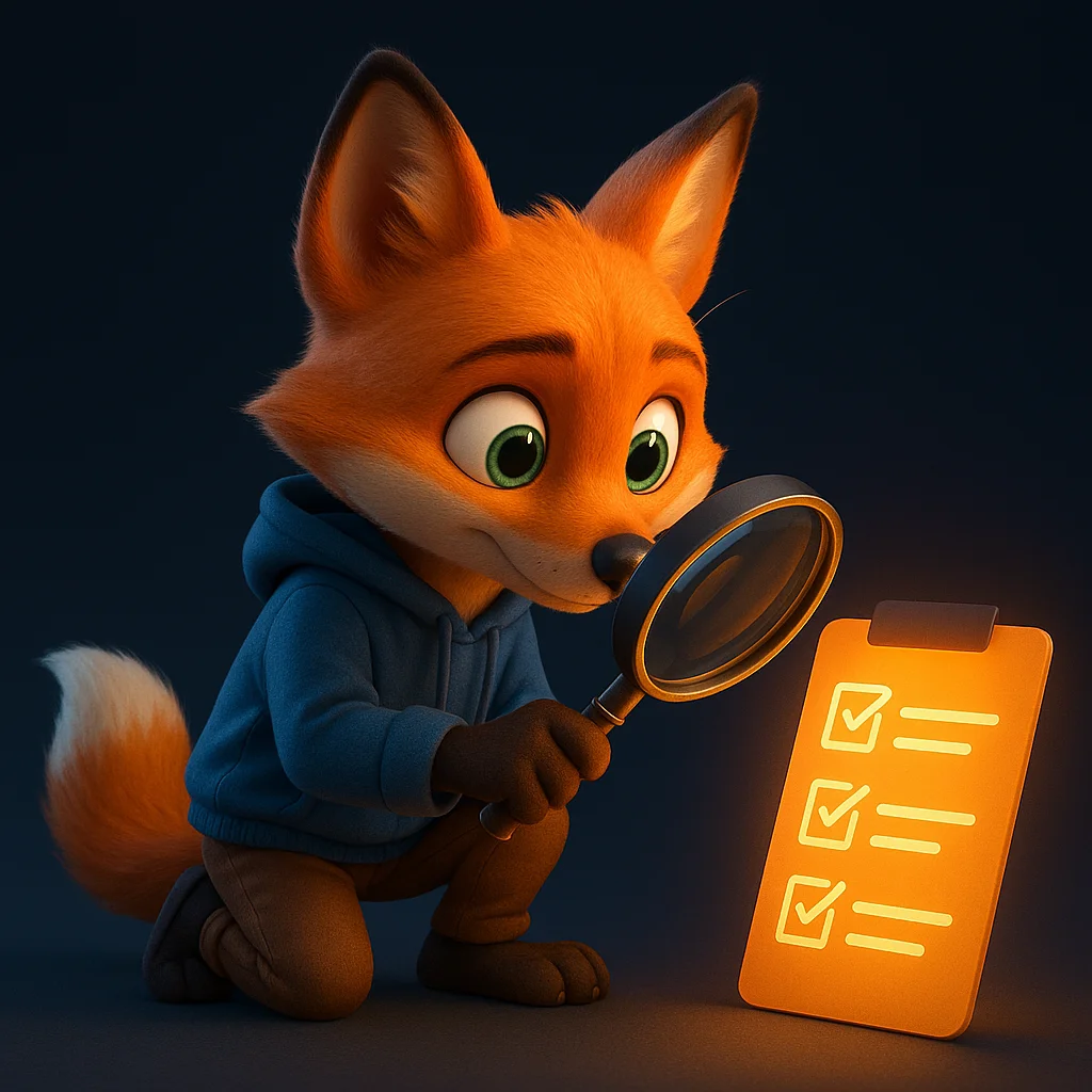 The FoxRadar fox mascot kneels and inspects a glowing scope checklist with a magnifying glass.