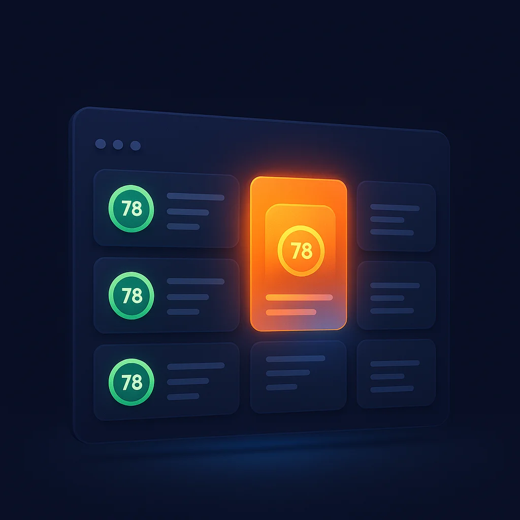 A concept illustration of a dashboard showing AI visibility scores and a brand result glowing brighter than others.