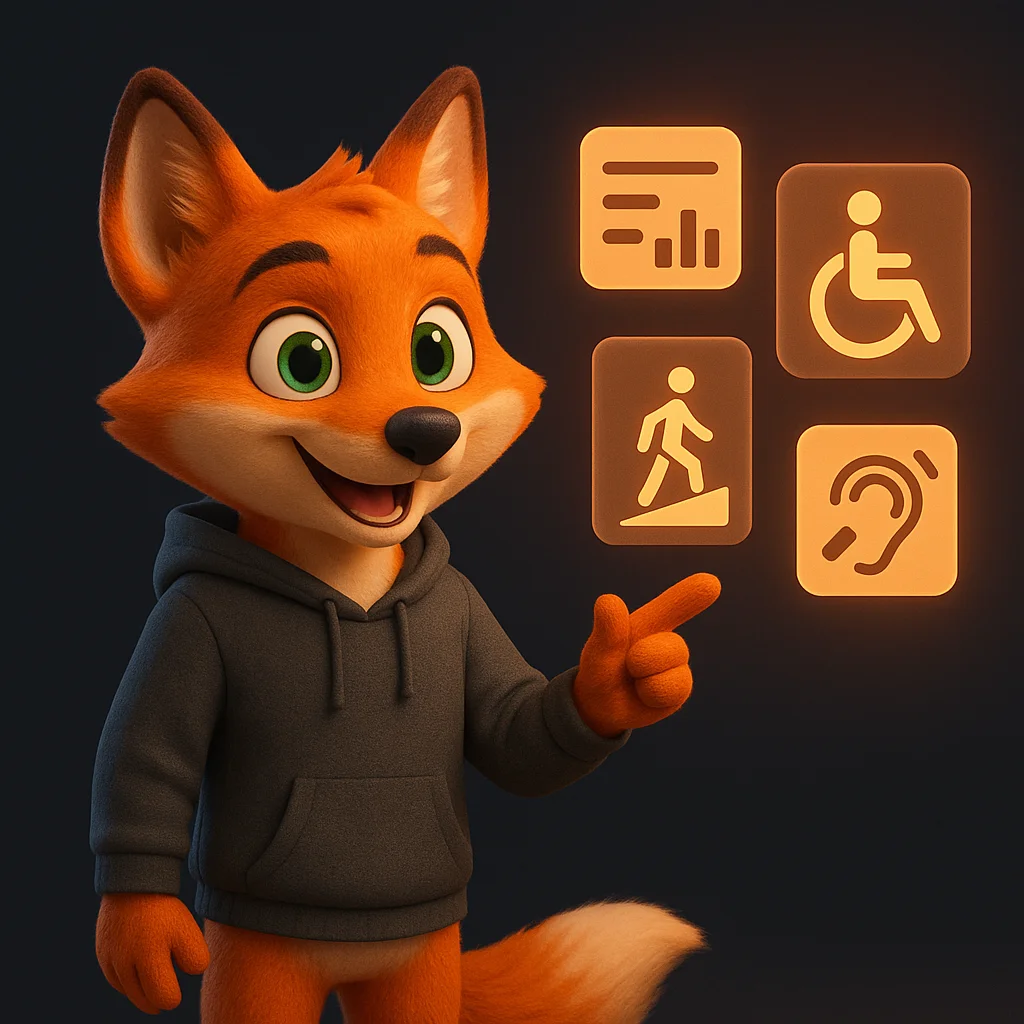 The FoxRadar fox mascot pointing at floating data cards, guiding the reader to list clear accessibility facts.