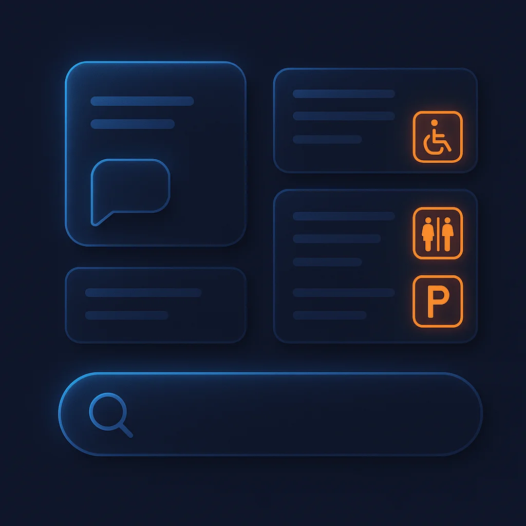 Concept illustration of glowing search result cards with accessibility icons on a dark background.
