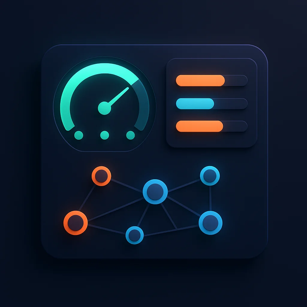 Concept illustration of a clean dashboard with bright visibility indicators and interconnected nodes on a dark background.