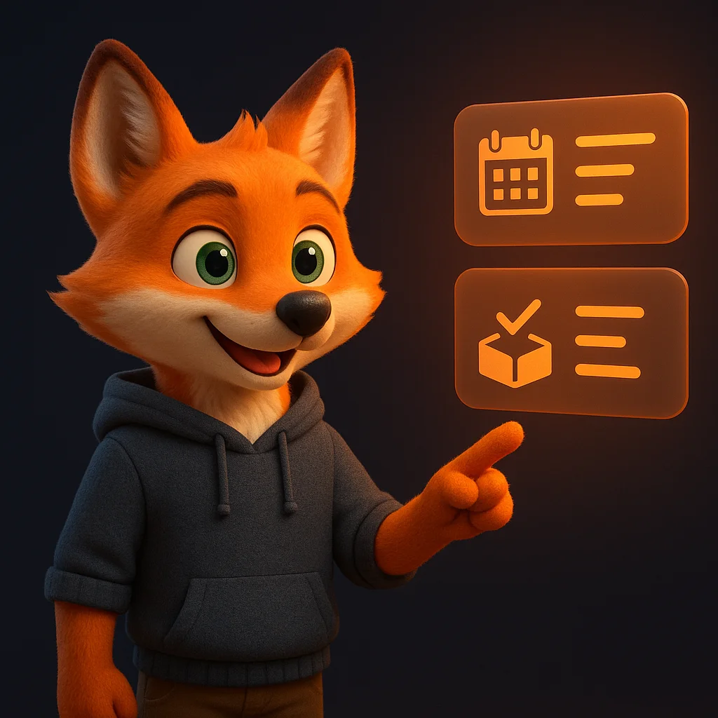 The FoxRadar fox mascot standing and pointing at floating availability data cards for different services.