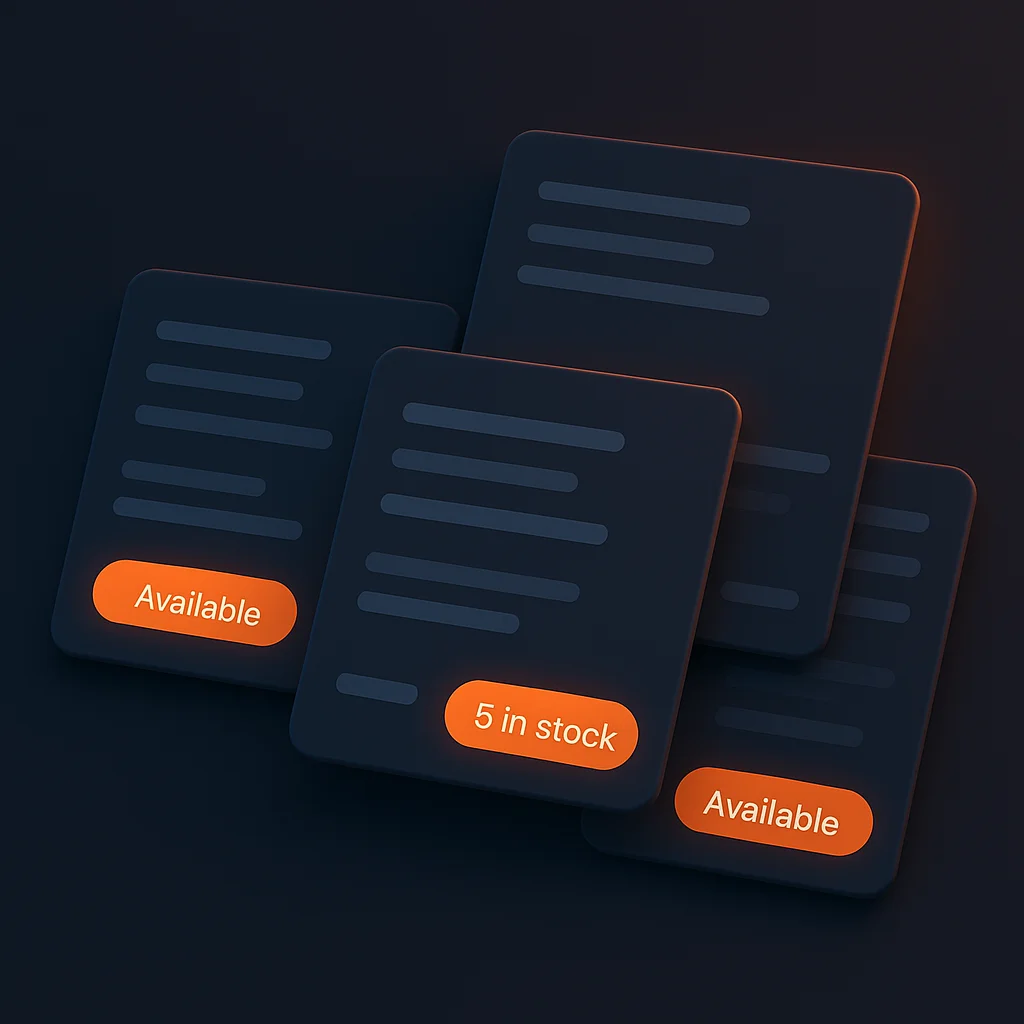 A clean concept illustration of glowing search result cards showing next openings and in-stock counts on a dark background.