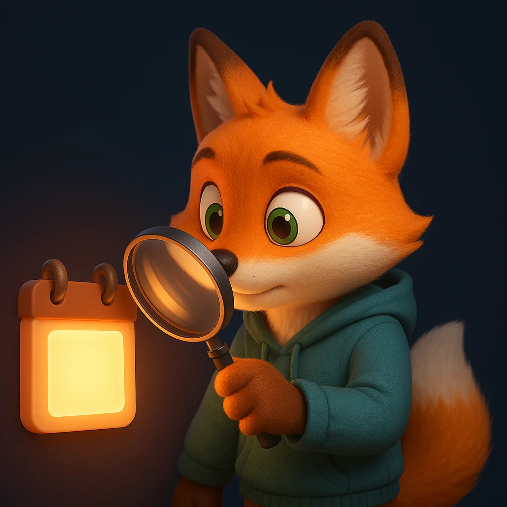The FoxRadar fox mascot holding a magnifying glass, inspecting a glowing calendar slot with a confident smile.