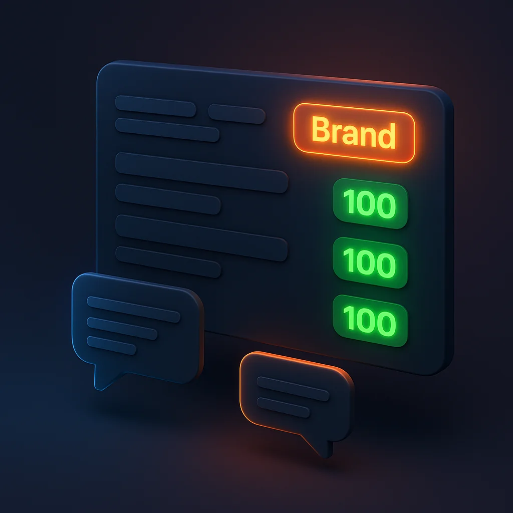 A clean concept illustration of a dashboard with visibility scores and a brand name glowing brighter than competitors.