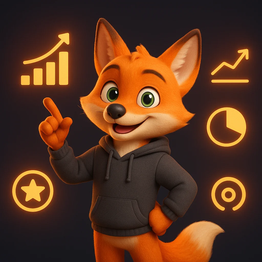 The FoxRadar fox mascot standing and pointing at floating brand icons and data highlights.