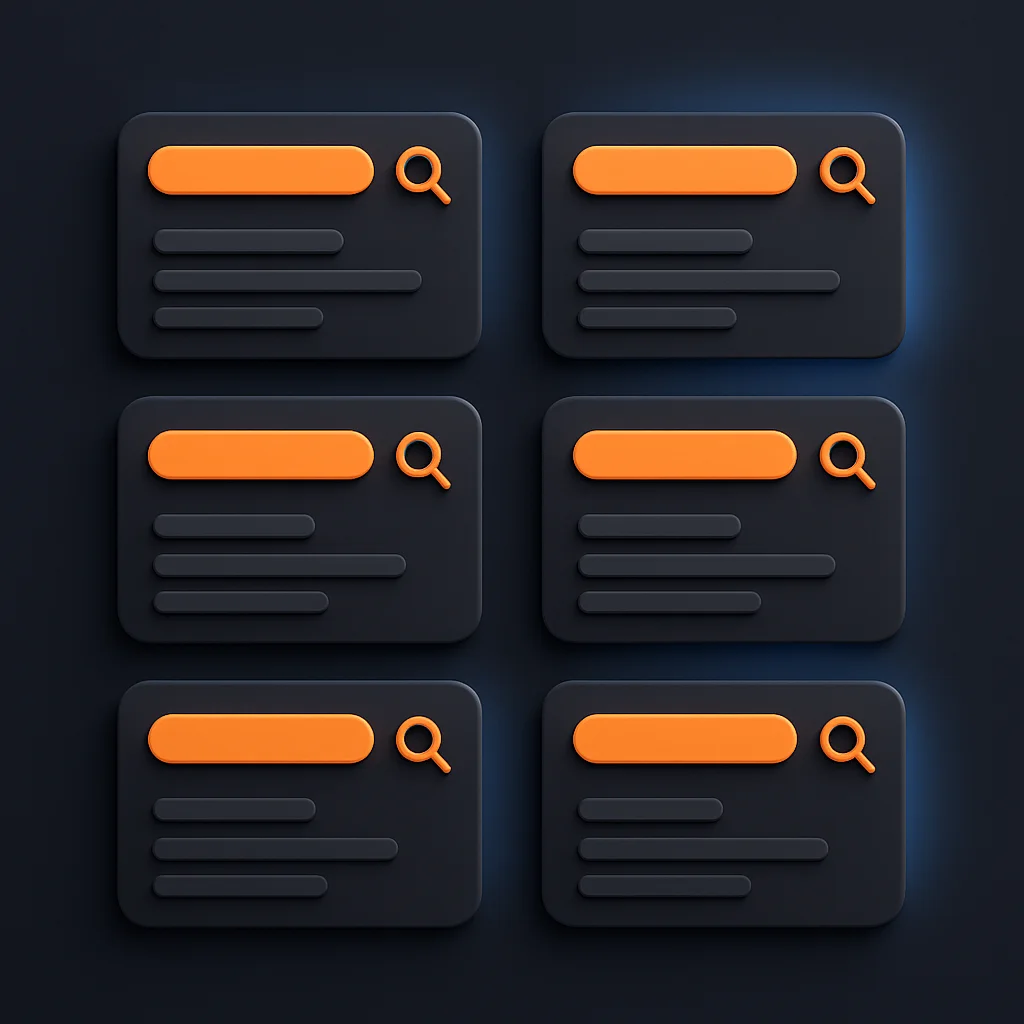 A dark, clean concept illustration of abstract search result cards glowing with orange and blue accents, no text.