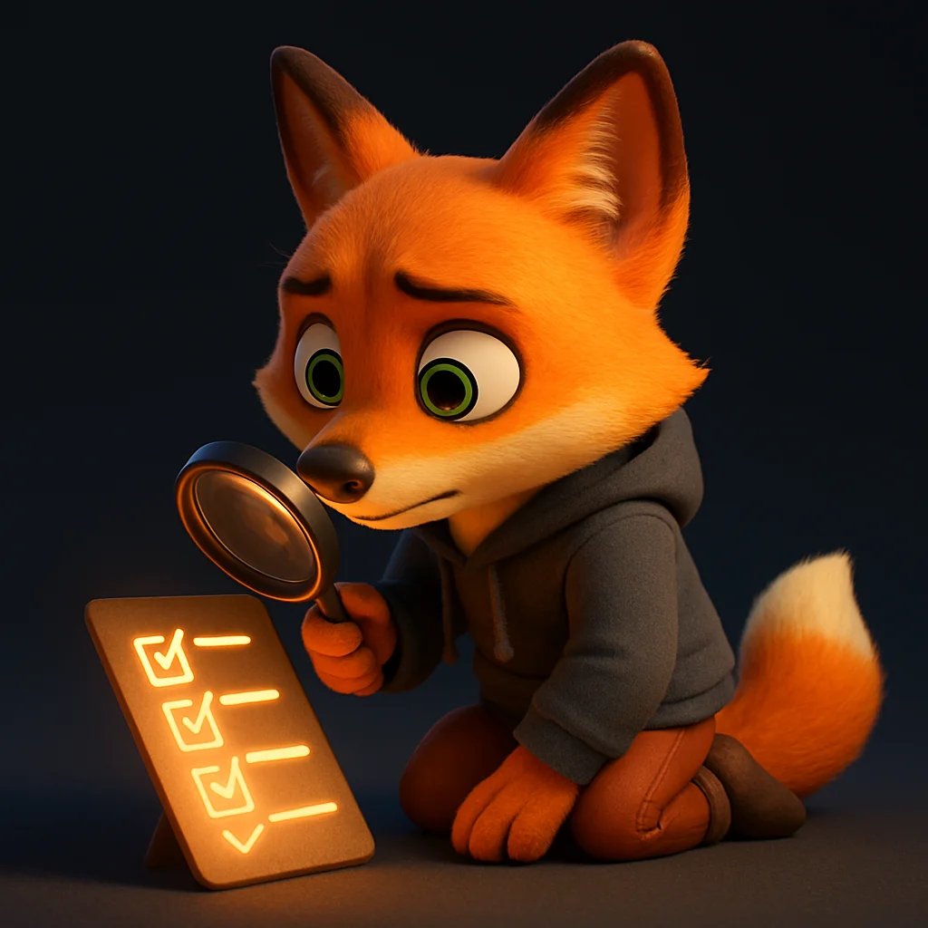 The FoxRadar fox mascot kneeling and inspecting a glowing checklist with a magnifying glass.