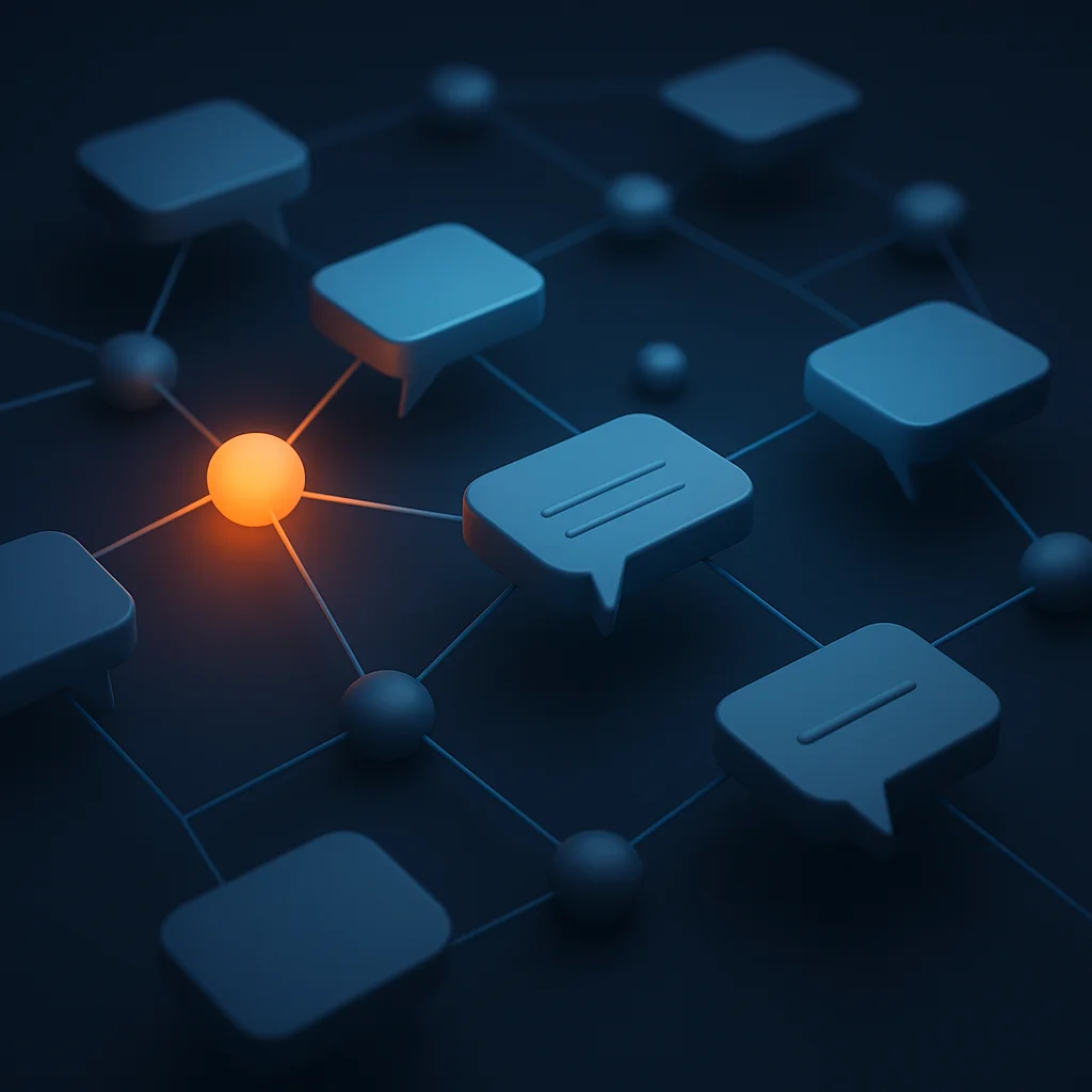 A concept illustration of floating interconnected nodes and chat bubbles showing a network of brand citations, no text.