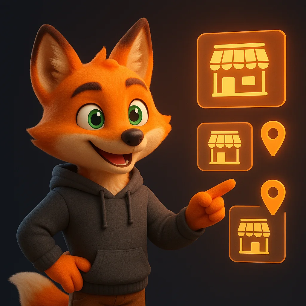The FoxRadar fox mascot stands and points at floating store list data with a confident smile.