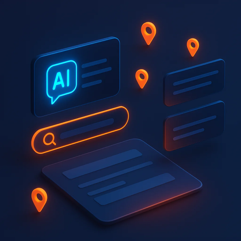 A clean concept illustration of glowing search result cards and map pins on a dark background, without the fox.