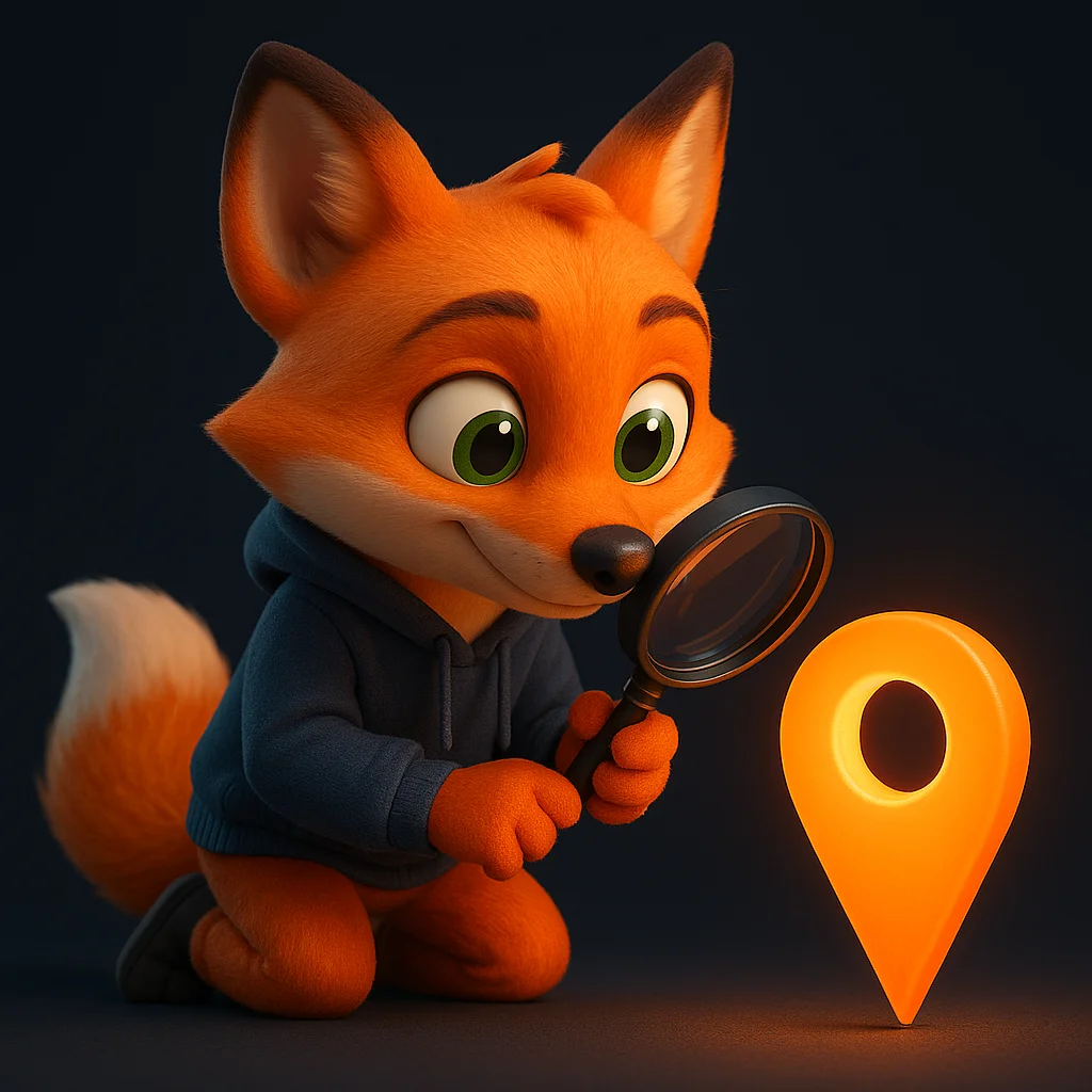The FoxRadar fox mascot holds a magnifying glass, inspecting a bright store marker closely.