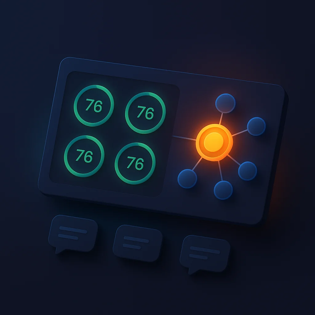 A clean concept illustration of a dashboard with bright visibility scores and a highlighted brand node, without the fox.