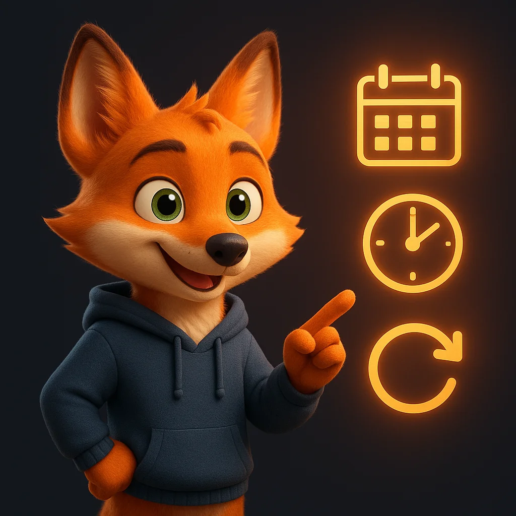 The FoxRadar fox mascot stands and points at floating data icons for calendar, clock, and refund arrows.