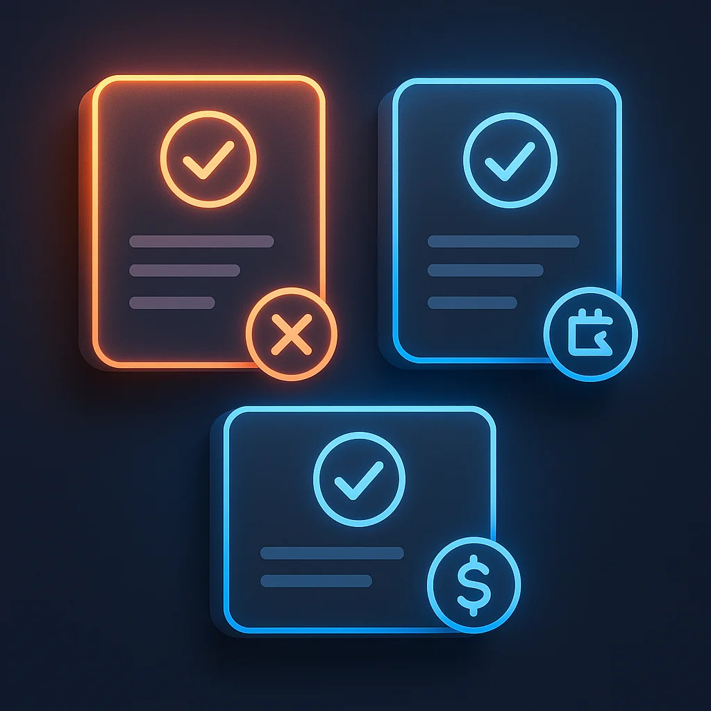 A clean concept illustration of glowing policy cards and checkmarks on a dark background, without the fox.
