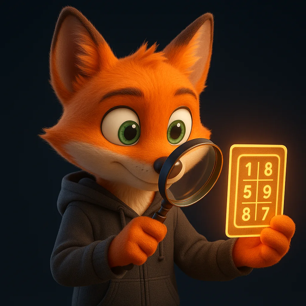 The FoxRadar fox mascot holds a magnifying glass and inspects a small glowing rule with numbers.