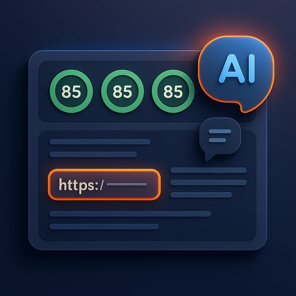 A clean concept illustration of a dashboard with visibility scores and AI chat bubbles, without the fox.