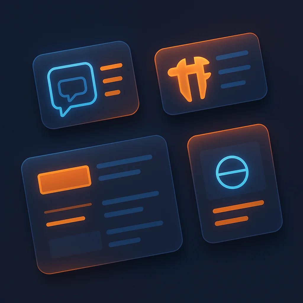 A clean concept illustration of glowing AI chat interface cards with measurement and size icons on a dark background.