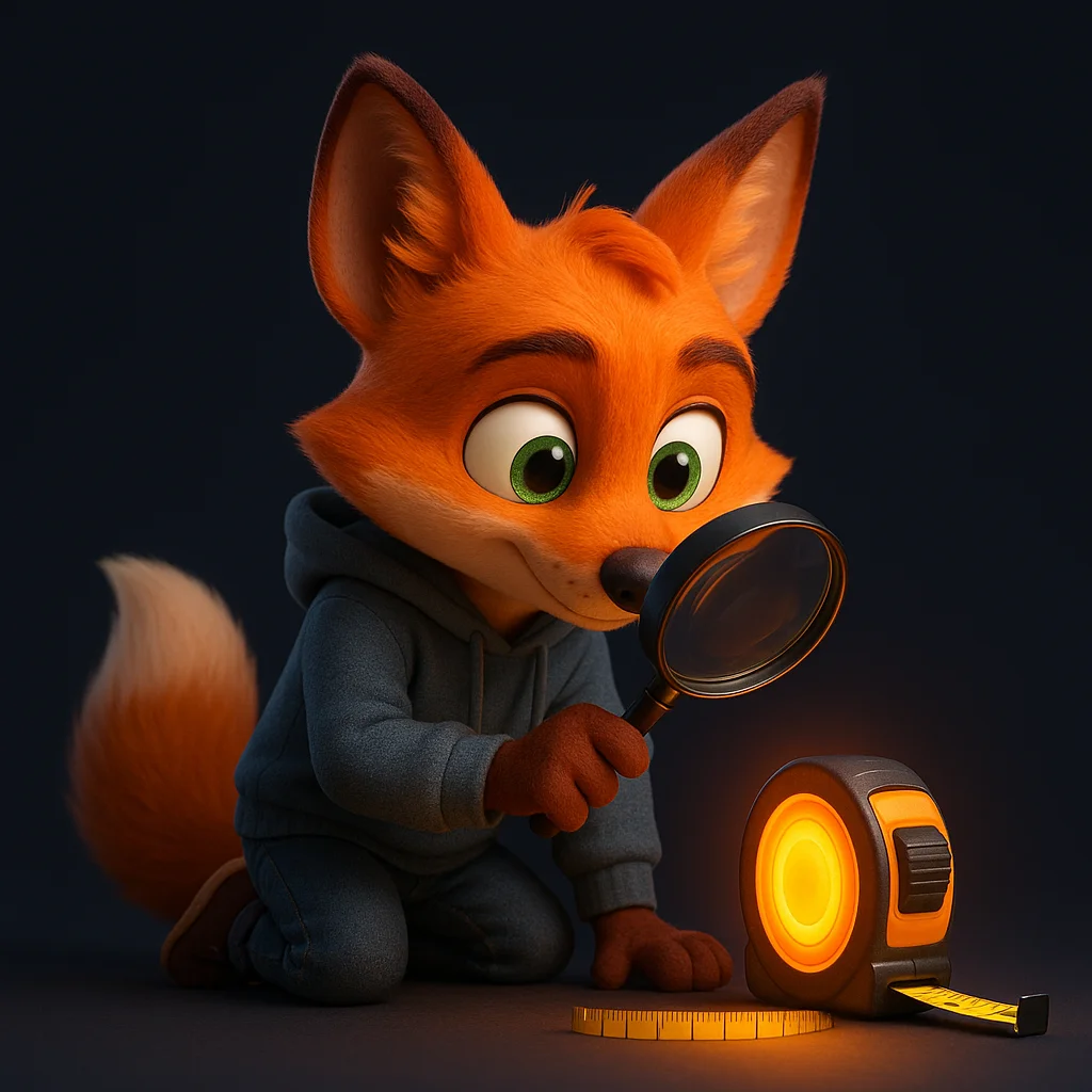 The FoxRadar fox mascot holds a magnifying glass up to a glowing tape measure, inspecting details closely.