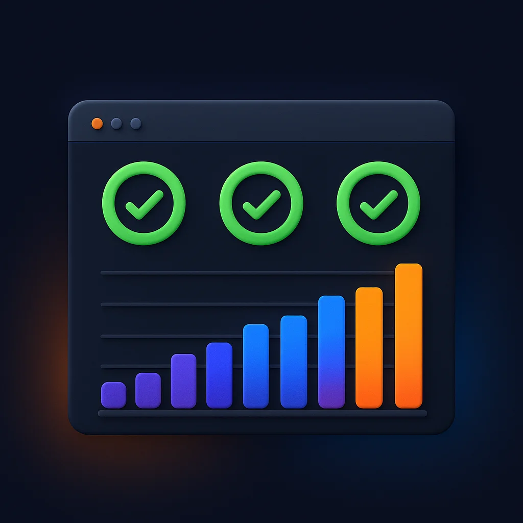 A clean concept illustration of a dashboard with green visibility scores and charts on a dark background.