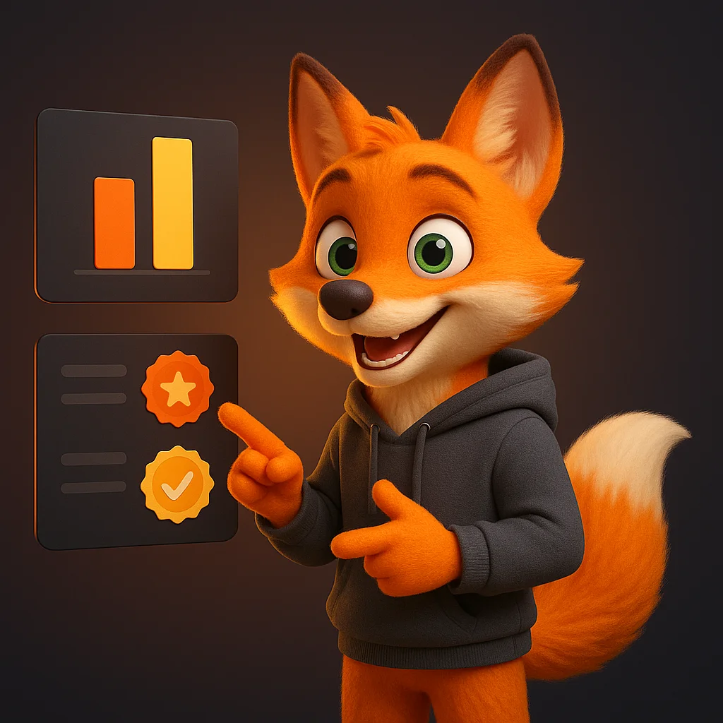 The FoxRadar fox mascot stands and points at floating result cards, guiding the reader to show their proof.