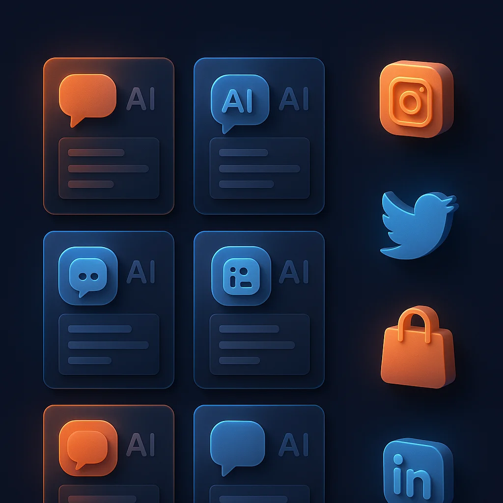 A clean 3D concept illustration of glowing search result cards and brand icons on a dark background.